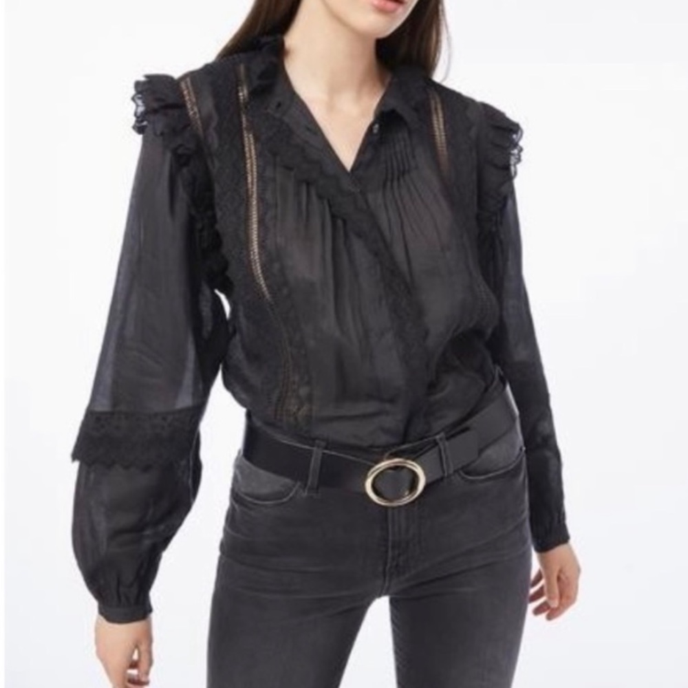 Frame Natalie Eyelet Lace Top Button Front Ruffles Long Sleeves Black Sz L